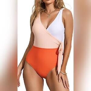 NWOT Felnart Swimsuits Neck Color Block Wrap One Piece Swimsuit, XS